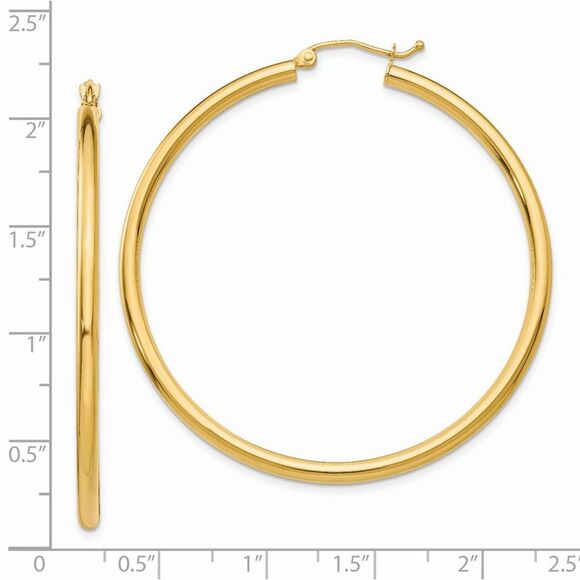 2.5mm, 14k Yellow Gold Classic Round Hoop Earrings, 50mm (1 7/8 Inch) - Picture 3 of 4